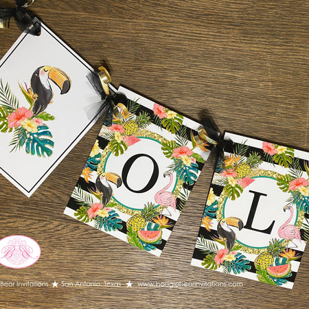 Tropical Paradise Birthday Party Banner Flamingo Toucan Pineapple Party Black Gold Teal Green Rainforest Boogie Bear Invitations Olina Theme