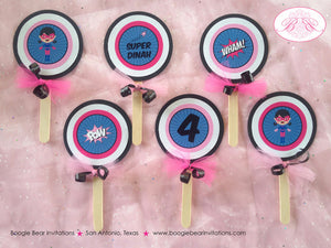 Super Girl Cupcake Toppers Set Birthday Party Superhero Pink Blue Black Comic Hero Supergirl Pow Boom Boogie Bear Invitations Dinah Theme