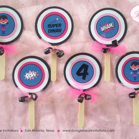 Super Girl Cupcake Toppers Set Birthday Party Superhero Pink Blue Black Comic Hero Supergirl Pow Boom Boogie Bear Invitations Dinah Theme