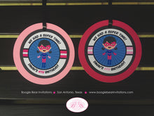 Load image into Gallery viewer, Super Girl Birthday Party Favor Tags Superhero SuperGirl Hero Pink Blue Black Comic Hero Supergirl Boom Boogie Bear Invitations Dinah Theme