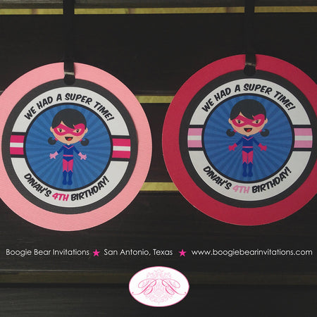 Super Girl Birthday Party Favor Tags Superhero SuperGirl Hero Pink Blue Black Comic Hero Supergirl Boom Boogie Bear Invitations Dinah Theme