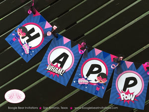 Super Girl Birthday Party Package Superhero Pink Blue Black Comic Hero Supergirl Pow Boom Retro Skyline Boogie Bear Invitations Dinah Theme