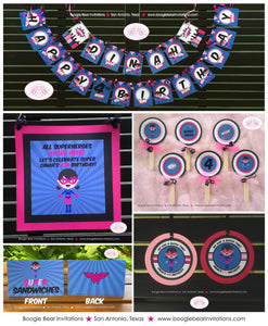 Super Girl Birthday Party Package Superhero Pink Blue Black Comic Hero Supergirl Pow Boom Retro Skyline Boogie Bear Invitations Dinah Theme
