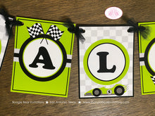 Load image into Gallery viewer, Race Car Name Birthday Party Banner Racing Girl Boy Lime Green Black Grand Prix Checkered Flag Track Boogie Bear Invitations Valtteri Theme