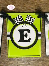 Load image into Gallery viewer, Race Car Name Birthday Party Banner Racing Girl Boy Lime Green Black Grand Prix Checkered Flag Track Boogie Bear Invitations Valtteri Theme