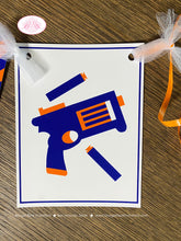 Load image into Gallery viewer, Foam Dart Gun Party Name Banner Birthday Orange Blue Bullseye Target Practice Shoot Play Game Boy Girl Boogie Bear Invitations Chase Theme