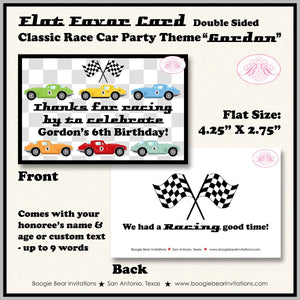 Race Car Birthday Party Favor Card Tent Appetizer Place Flat Folded Food Classic Antique Vintage Racing Boogie Bear Invitations Gordon Theme
