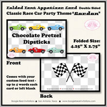 Load image into Gallery viewer, Race Car Birthday Party Favor Card Tent Appetizer Place Flat Folded Food Classic Antique Vintage Racing Boogie Bear Invitations Gordon Theme