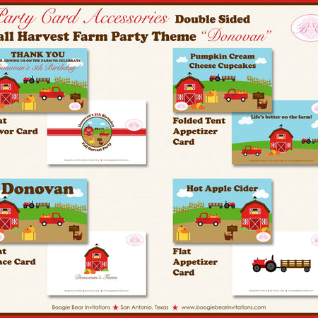 Fall Farm Birthday Favor Party Card Tent Place Girl Boy Red Barn Brown Country Truck Pumpkin Boogie Bear Invitations Donovan Theme Printed