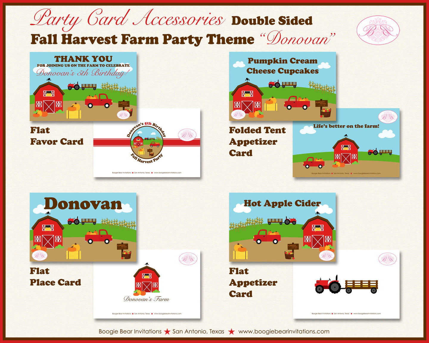 Fall Farm Birthday Favor Party Card Tent Place Girl Boy Red Barn Brown Country Truck Pumpkin Boogie Bear Invitations Donovan Theme Printed