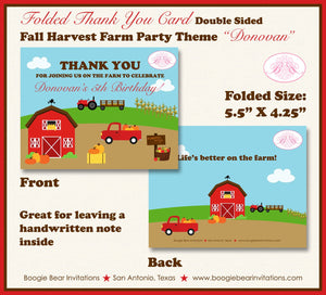 Fall Farm Birthday Party Thank You Card Girl Boy Red Barn Truck Country Pumpkin Autumn Harvest Boogie Bear Invitations Donovan Theme Printed