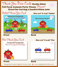 Load image into Gallery viewer, Fall Farm Animals Party Thank You Card Birthday Girl Boy Red Barn Autumn Country Truck Pumpkin Boogie Bear Invitations Hewitt Theme Printed