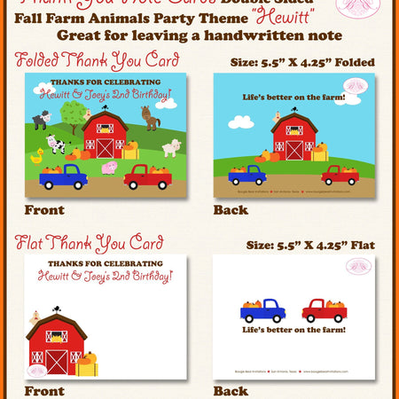 Fall Farm Animals Party Thank You Card Birthday Girl Boy Red Barn Autumn Country Truck Pumpkin Boogie Bear Invitations Hewitt Theme Printed