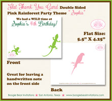 Load image into Gallery viewer, Pink Rainforest Party Thank You Card Birthday Girl Frog Green Lizard Rain Forest Amazon Jungle Boogie Bear Invitations Sophia Theme Printed