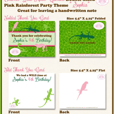 Pink Rainforest Party Thank You Card Birthday Girl Frog Green Lizard Rain Forest Amazon Jungle Boogie Bear Invitations Sophia Theme Printed