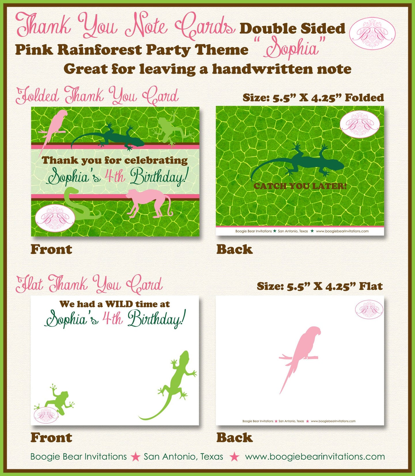 Pink Rainforest Party Thank You Card Birthday Girl Frog Green Lizard Rain Forest Amazon Jungle Boogie Bear Invitations Sophia Theme Printed