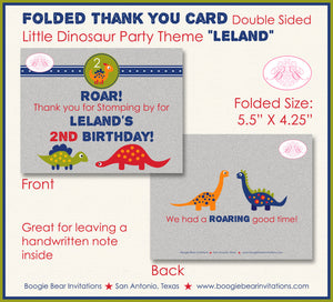 Little Dinosaur Birthday Party Thank You Card Boy Girl Blue Red Green Orange Yellow Jurassic Boogie Bear Invitations Leland Theme Printed
