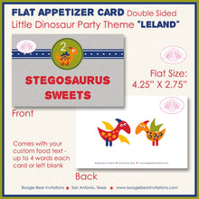 Load image into Gallery viewer, Little Dinosaur Birthday Favor Party Card Tent Place Food Appetizer Folded Tag Red Blue Green Boy Girl Boogie Bear Invitations Leland Theme