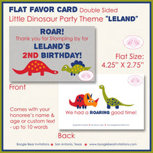 Load image into Gallery viewer, Little Dinosaur Birthday Favor Party Card Tent Place Food Appetizer Folded Tag Red Blue Green Boy Girl Boogie Bear Invitations Leland Theme