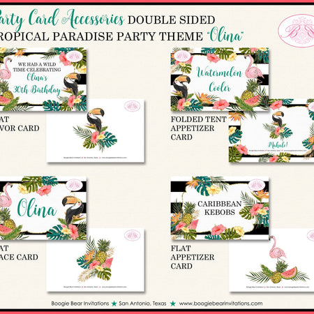 Tropical Paradise Birthday Party Card Favor Tent Place Food Tag Girl Flamingo Toucan Teal Gold Coral Boogie Bear Invitations Olina Theme