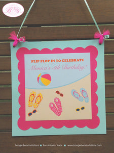 Flip Flop Pool Happy Birthday Door Banner Beach Girl Pink Blue Party Swimming Swim Summer Splash Bash Boogie Bear Invitations Monica Theme