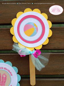 Flip Flop Pool Birthday Party Package Girl Swimming Pool Splash Swim Beach Ball Pink Aqua Blue Summer Boogie Bear Invitations Monica Theme