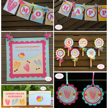 Flip Flop Pool Birthday Party Package Girl Swimming Pool Splash Swim Beach Ball Pink Aqua Blue Summer Boogie Bear Invitations Monica Theme