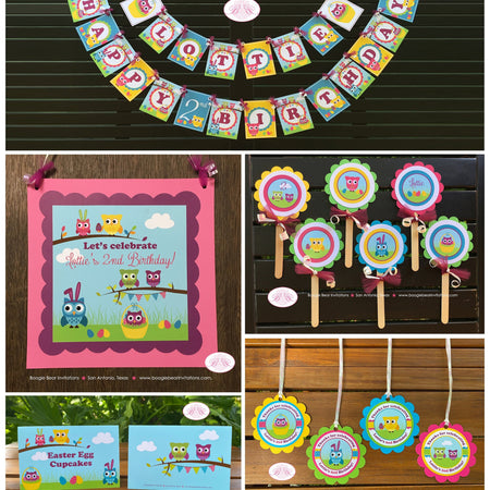 Spring Easter Owls Birthday Party Package Pastel Pink Boy Girl Egg Hunt Decorating Basket Garden Picnic Boogie Bear Invitations Lottie Theme