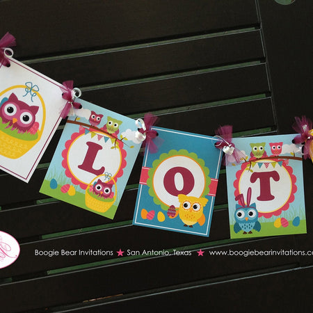 Spring Easter Owls Birthday Party Banner Pastel Pink Boy Girl Egg Hunt Decorating Basket Garden Picnic Boogie Bear Invitations Lottie Theme