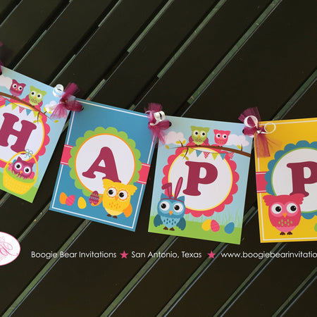 Easter Owls Happy Birthday Party Banner Girl Boy Woodland Animals Pastel Egg Hunt Decorating Painting Boogie Bear Invitations Lottie Theme