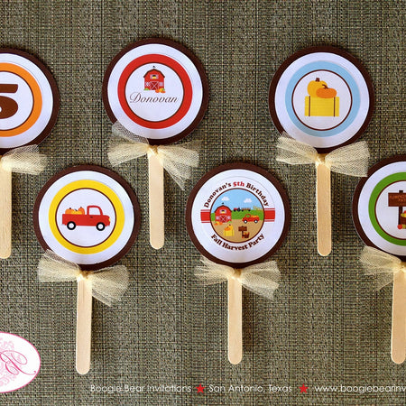 Fall Farm Pumpkin Party Cupcake Toppers Birthday Barn Pumpkin Girl Boy Autumn Country Harvest Ranch Boogie Bear Invitations Donovan Theme