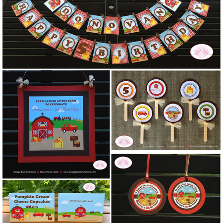 Fall Farm Birthday Party Package Pumpkin Girl Boy Autumn Red Barn Country Ranch Tractor Truck Pumpkin Boogie Bear Invitations Donovan Theme