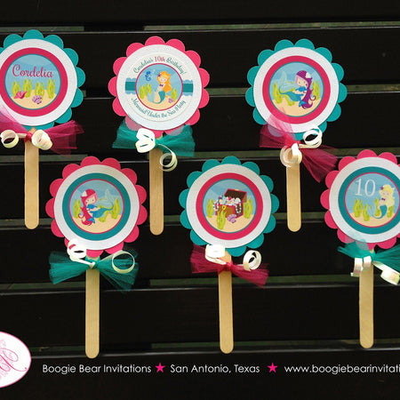 Pink Mermaid Birthday Party Cupcake Toppers Ocean Swim Pool Under The Sea Swimming Pool Pink Teal Tag Boogie Bear Invitations Cordelia Theme