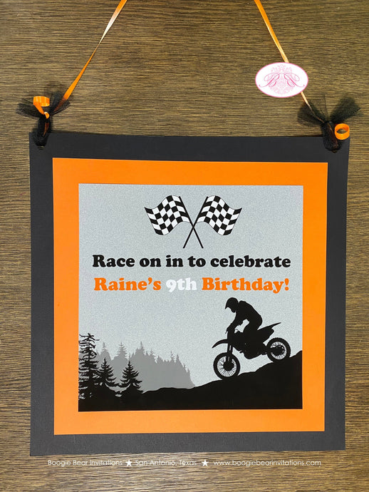 Orange Dirt Bike Road Birthday Door Banner Black Party Boy Girl Motocross Enduro Sports Motorcycle Race Boogie Bear Invitations Raine Theme