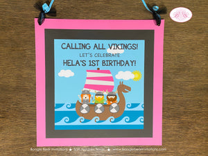 Pink Viking Warrior Party Door Banner Birthday Girl Ocean Set Sail Ship Kids Medieval Norse Voyage Sea Boogie Bear Invitations Hela Theme