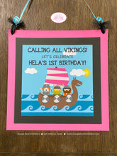 Load image into Gallery viewer, Pink Viking Warrior Party Door Banner Birthday Girl Ocean Set Sail Ship Kids Medieval Norse Voyage Sea Boogie Bear Invitations Hela Theme