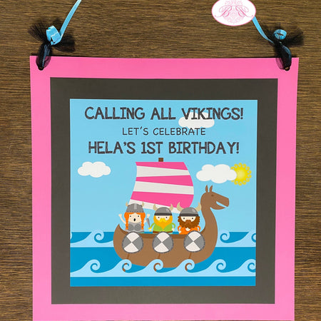 Pink Viking Warrior Party Door Banner Birthday Girl Ocean Set Sail Ship Kids Medieval Norse Voyage Sea Boogie Bear Invitations Hela Theme
