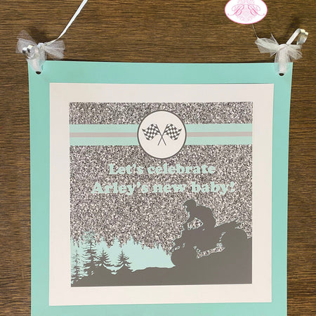 Aqua ATV Baby Shower Door Banner Party Grey Gray Silver Glitter Girl Boy Checkered Flag Race Stripe Quad Boogie Bear Invitations Arley Theme