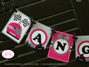 Pink ATV Birthday Party Package Girl Racing Quad All Terrain Vehicle Checkered Flag Black Off Road Race Boogie Bear Invitations Angela Theme