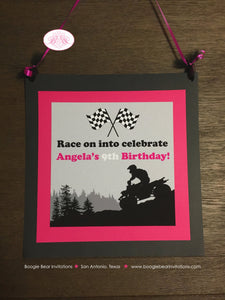 Pink ATV Birthday Party Package Girl Racing Quad All Terrain Vehicle Checkered Flag Black Off Road Race Boogie Bear Invitations Angela Theme