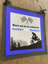 Load image into Gallery viewer, Blue Dirt Bike Road Birthday Door Banner Black Party Boy Girl Motocross Enduro Sports Motorcycle Race Boogie Bear Invitations Austin Theme