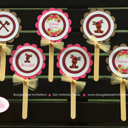 Little Moose Baby Shower Cupcake Toppers Forest Pink Girl Woodland Animals Calf Party Plaid Flowers Boogie Bear Invitations Viviana Theme
