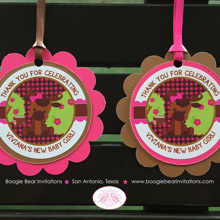 Little Moose Baby Shower Favor Tags Pink Forest Girl Woodland Animals Calf Party Lumberjack Plaid Fall Boogie Bear Invitations Viviana Theme