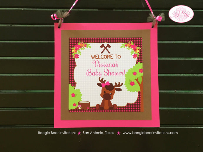 Little Moose Baby Shower Door Banner Pink Forest Woodland Girl Animals Calf Party Plaid Axe Flowers Boogie Bear Invitations Viviana Theme