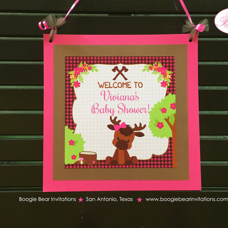 Little Moose Baby Shower Door Banner Pink Forest Woodland Girl Animals Calf Party Plaid Axe Flowers Boogie Bear Invitations Viviana Theme