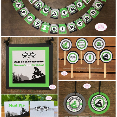 Green Dirt Bike Birthday Party Package Racing Boy Girl Checkered Flag Black Motocross Enduro Motorcycle Boogie Bear Invitations Dwayne Theme
