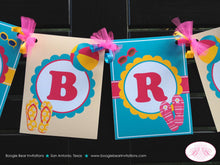 Load image into Gallery viewer, Flip Flop Pool Birthday Party Banner Name Pink Yellow Teal Blue Girl Swimming Beach Ball Splash Bash Boogie Bear Invitations Aubrey Theme