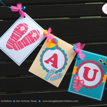 Flip Flop Pool Birthday Party Banner Name Pink Yellow Teal Blue Girl Swimming Beach Ball Splash Bash Boogie Bear Invitations Aubrey Theme