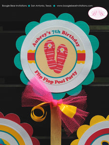 Flip Flop Pool Party Cupcake Toppers Birthday Pink Yellow Teal Blue Girl Swimming Beach Ball Splash Tag Boogie Bear Invitations Aubrey Theme