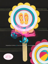 Load image into Gallery viewer, Flip Flop Pool Party Cupcake Toppers Birthday Pink Yellow Teal Blue Girl Swimming Beach Ball Splash Tag Boogie Bear Invitations Aubrey Theme